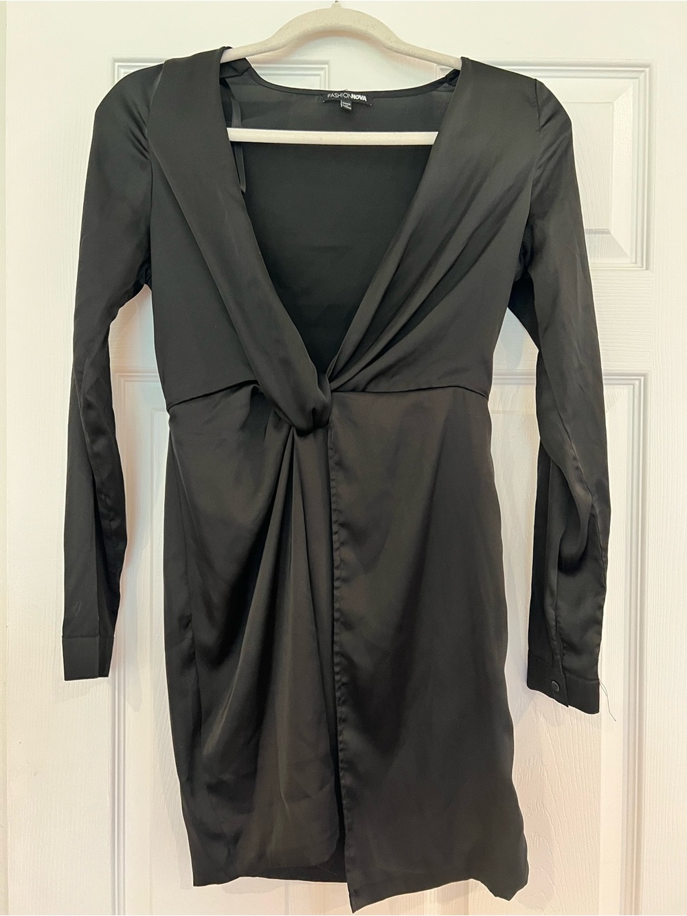 Fashion Nova Black Satin Twist-Front Mini Dress